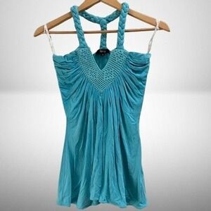 NEW Sky Turquoise Blue Braided Halter Top Crochet Tank Small